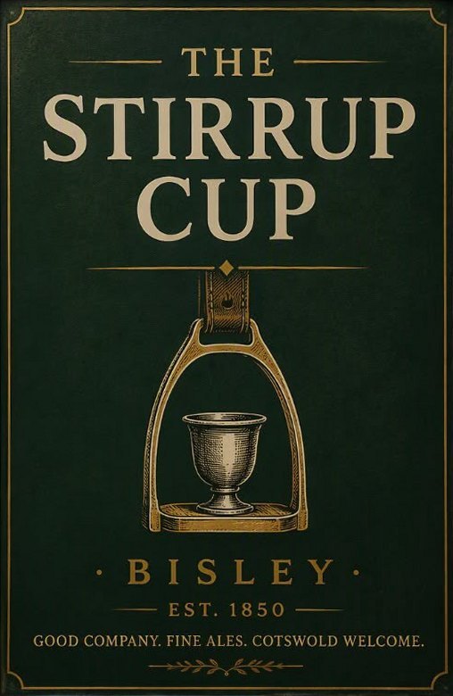 The Stirrup Cup pub sign: gold lettering on racing green, a stirrup holding a silver cup, with Bisley, Est. 1850 beneath